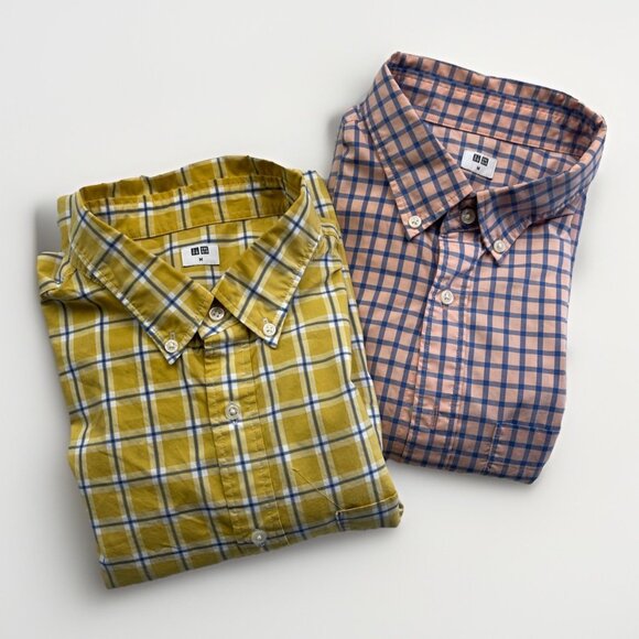 Lot x2 Uniqlo Long sleeve Shirt Mens M Check Plaid Button Up Pink / Yellow - Picture 1 of 12